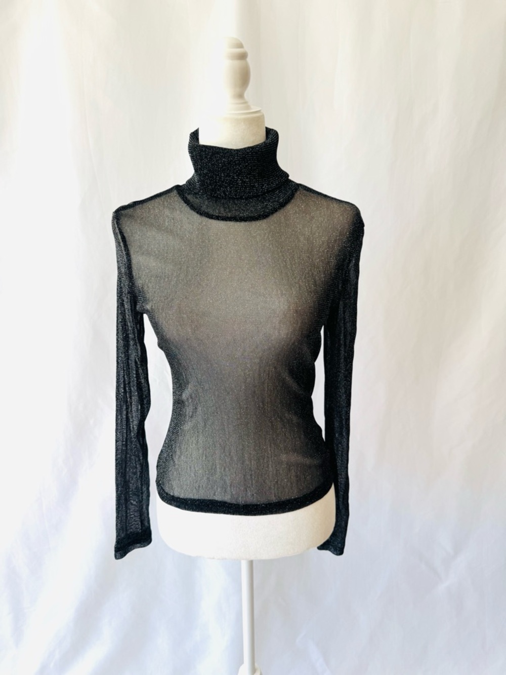 Black Sheer Metallic Turtleneck Top – Minimal Glam Layering Piece